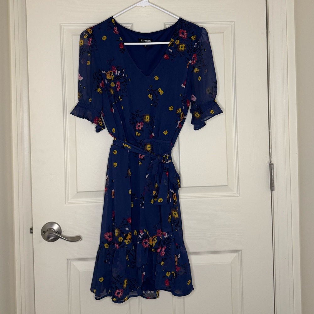 Express Navy Blue Floral Wrap Midi Dress